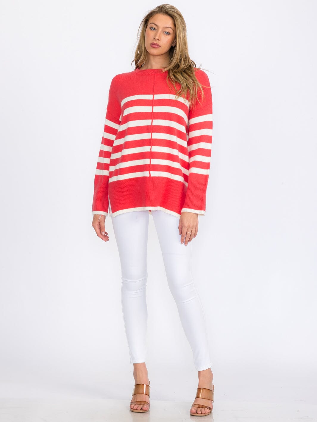WOMEN'S LONG SLEEVE COLORBLOCK STRIPES PULLOVER SWEATER