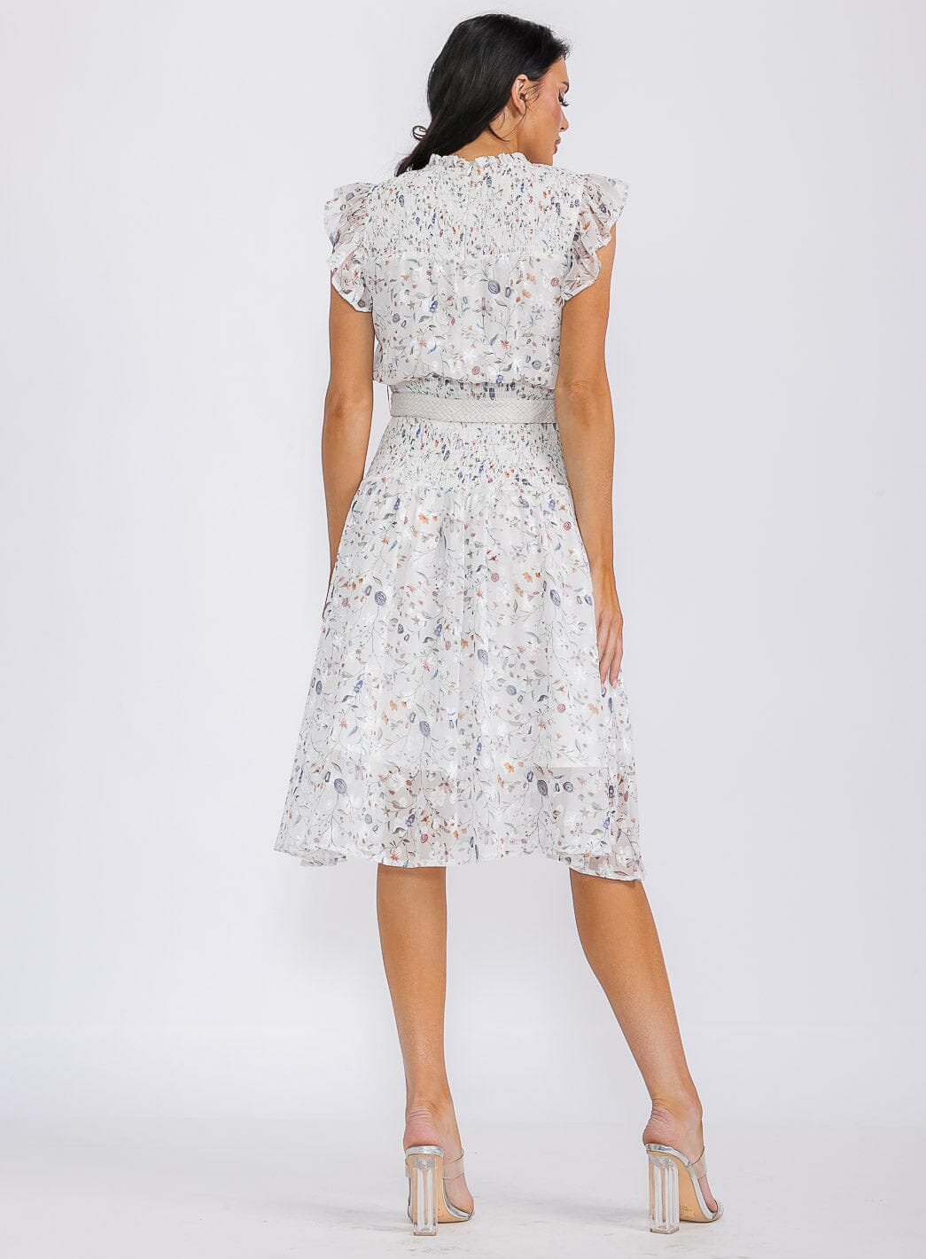 WOMEN'S SLEEVELESS SMOCK SELF TIE FLORAL PRINT MIDI DRESS