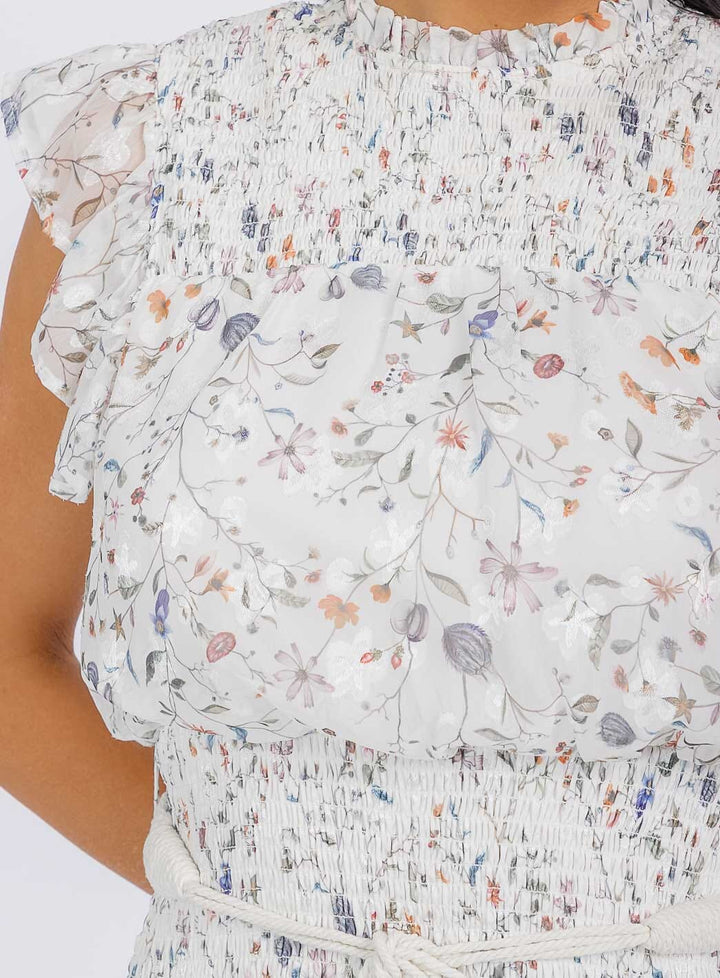 WOMEN'S SLEEVELESS SMOCK SELF TIE FLORAL PRINT MIDI DRESS