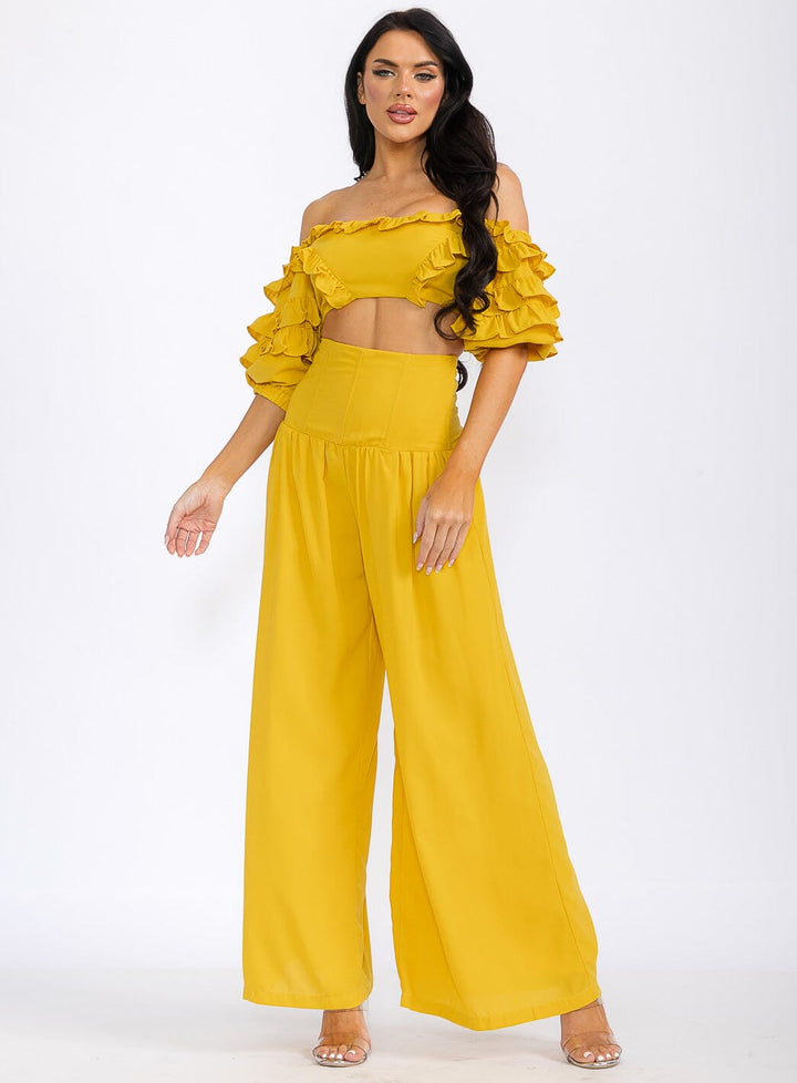 WOMEN'S OFF SHOULDER CROP TOP & ZIP UP PANTS RUFFLE 2PC. SET