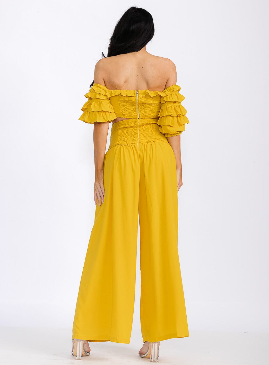 WOMEN'S OFF SHOULDER CROP TOP & ZIP UP PANTS RUFFLE 2PC. SET