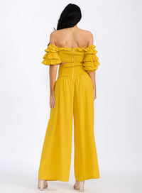 WOMEN'S OFF SHOULDER CROP TOP & ZIP UP PANTS RUFFLE 2PC. SET