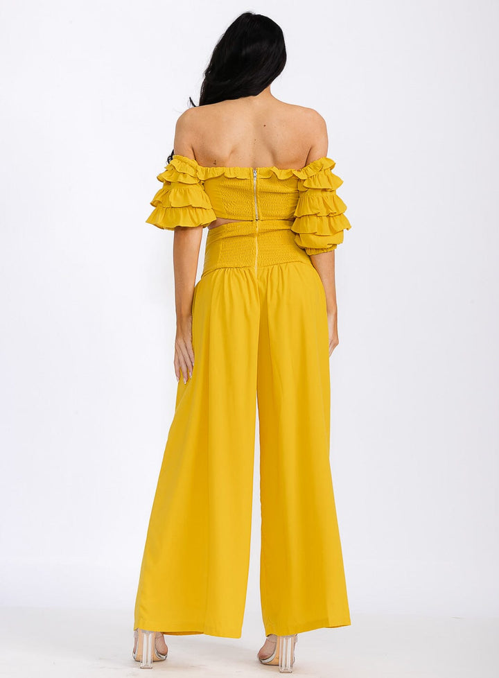 WOMEN'S OFF SHOULDER CROP TOP & ZIP UP PANTS RUFFLE 2PC. SET