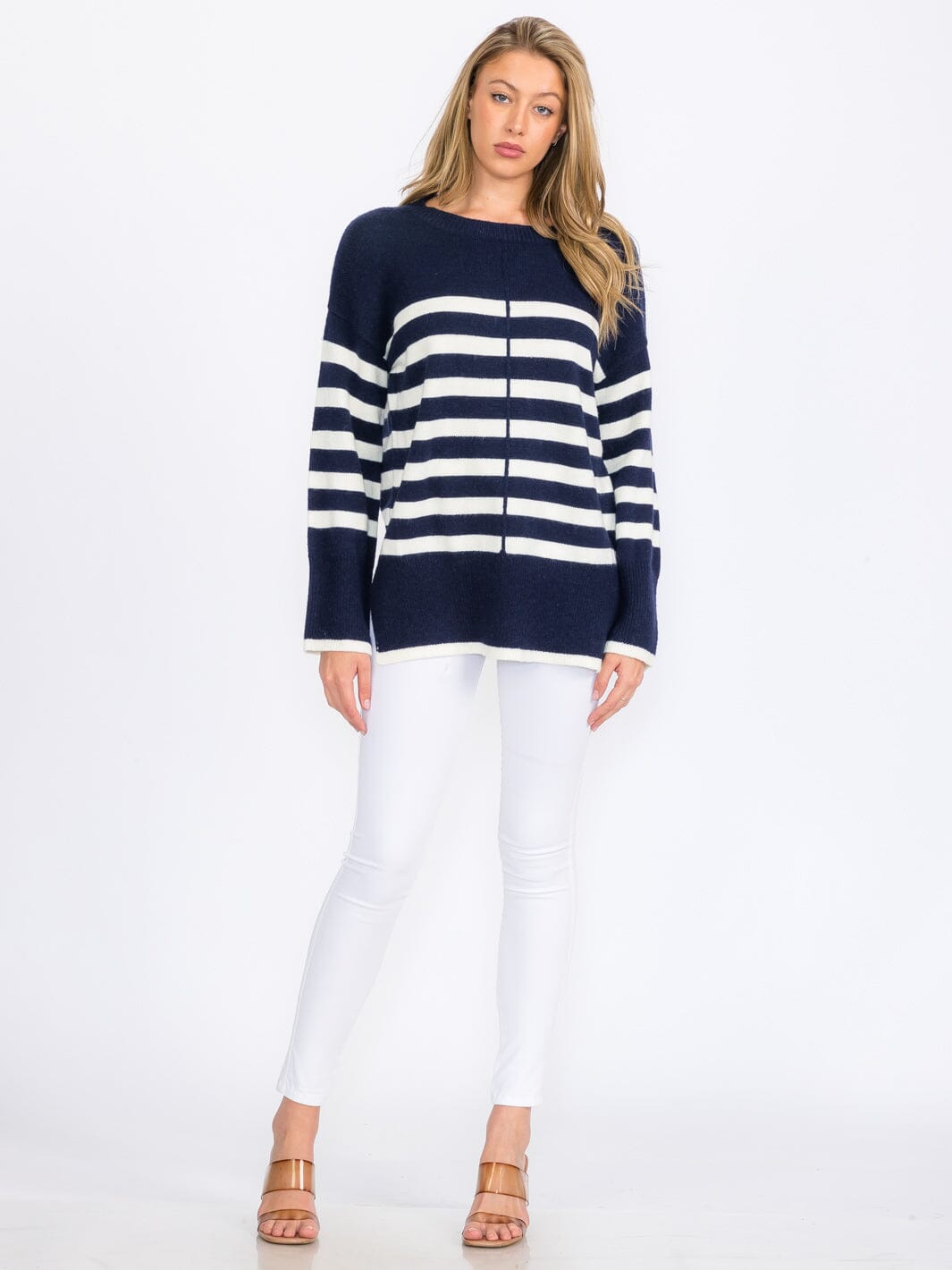 WOMEN'S LONG SLEEVE COLORBLOCK STRIPES PULLOVER SWEATER