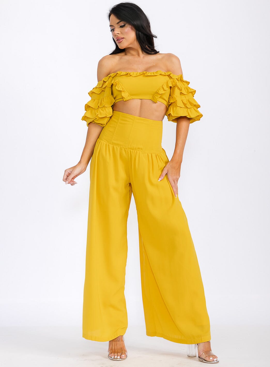 WOMEN'S OFF SHOULDER CROP TOP & ZIP UP PANTS RUFFLE 2PC. SET