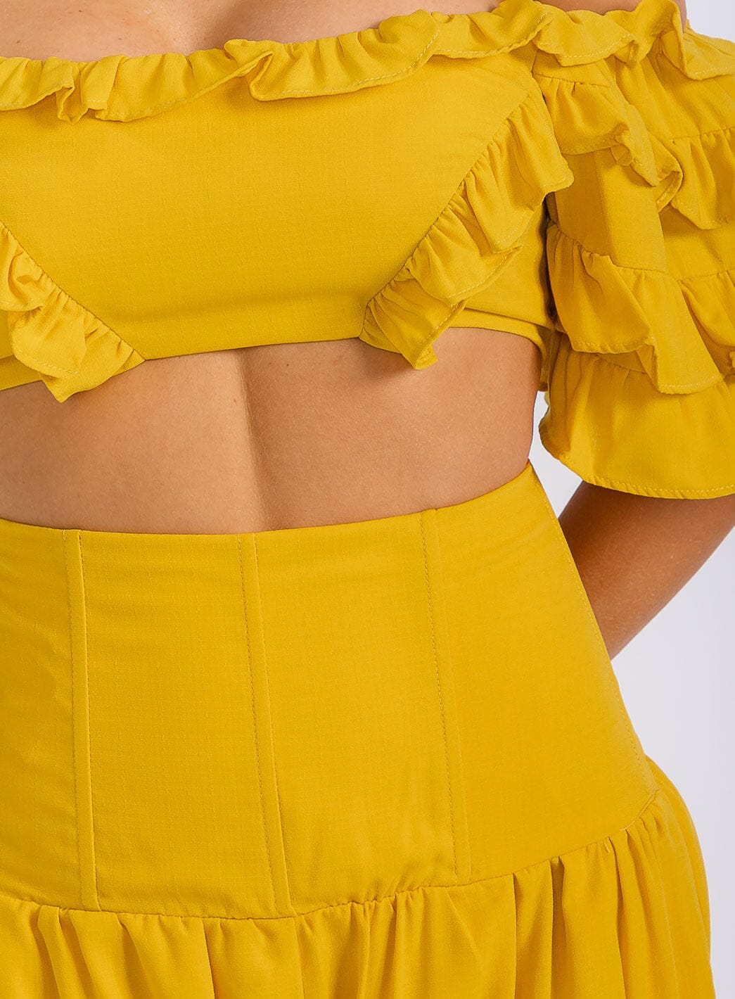 WOMEN'S OFF SHOULDER CROP TOP & ZIP UP PANTS RUFFLE 2PC. SET