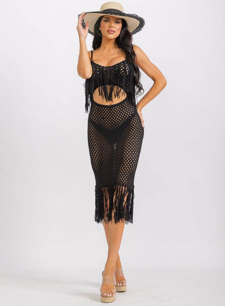 WOMEN'S SLEEVELESS CUT OUT FRINGE BODYCON KNIT MIDI DRESS