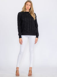 WOMEN'S LONG SLEEVE DETAILED KNIT PULLOVER SWEATER