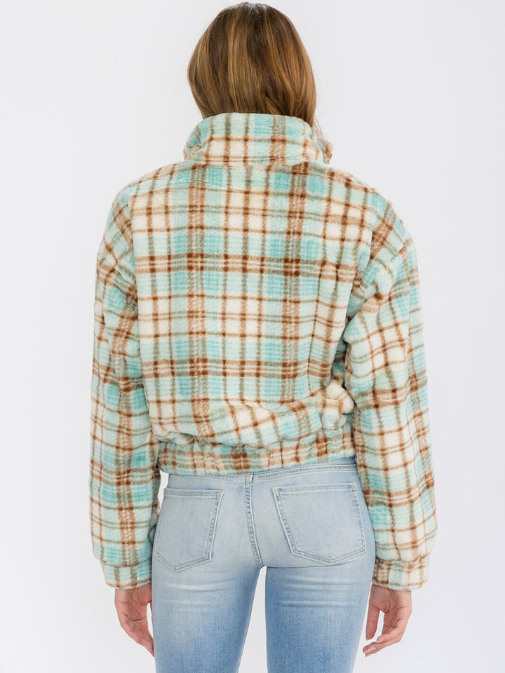 WOMEN'S LONG SLEEVE ZIP UP FRONT POCKETS PLAID FUZZY JACKET