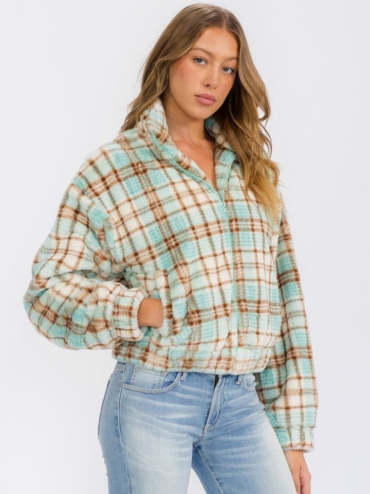 WOMEN'S LONG SLEEVE ZIP UP FRONT POCKETS PLAID FUZZY JACKET