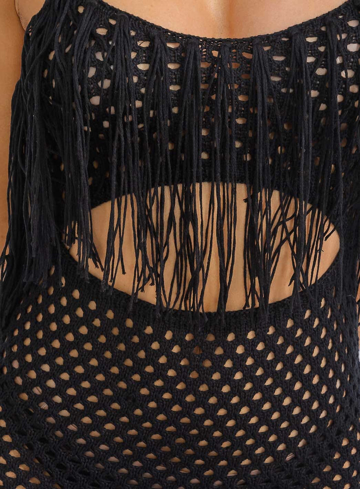 WOMEN'S SLEEVELESS CUT OUT FRINGE BODYCON KNIT MIDI DRESS