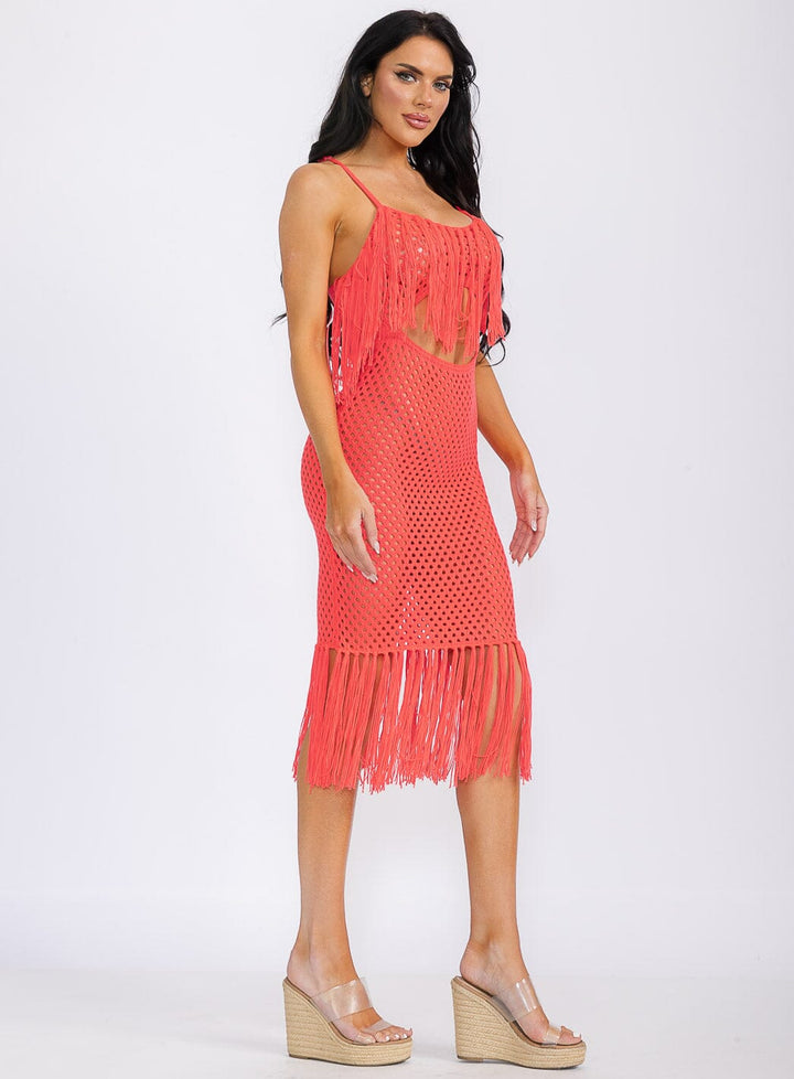 WOMEN'S SLEEVELESS CUT OUT FRINGE BODYCON KNIT MIDI DRESS