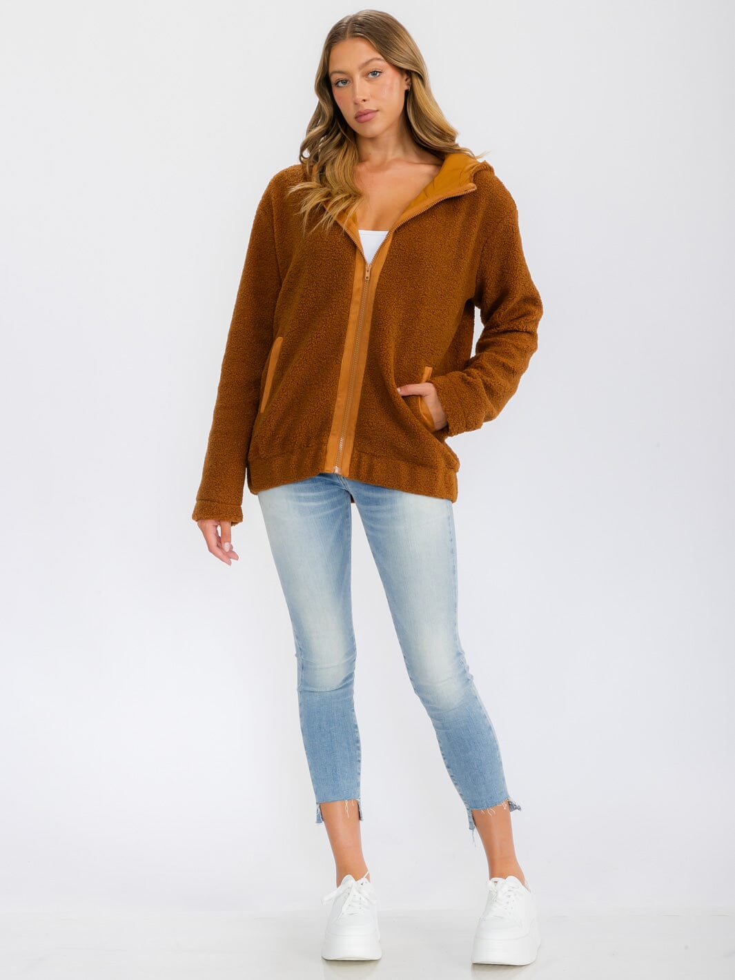 WOMEN'S LONG SLEEVE ZIP UP HOODED FRONT POCKETS JACKET