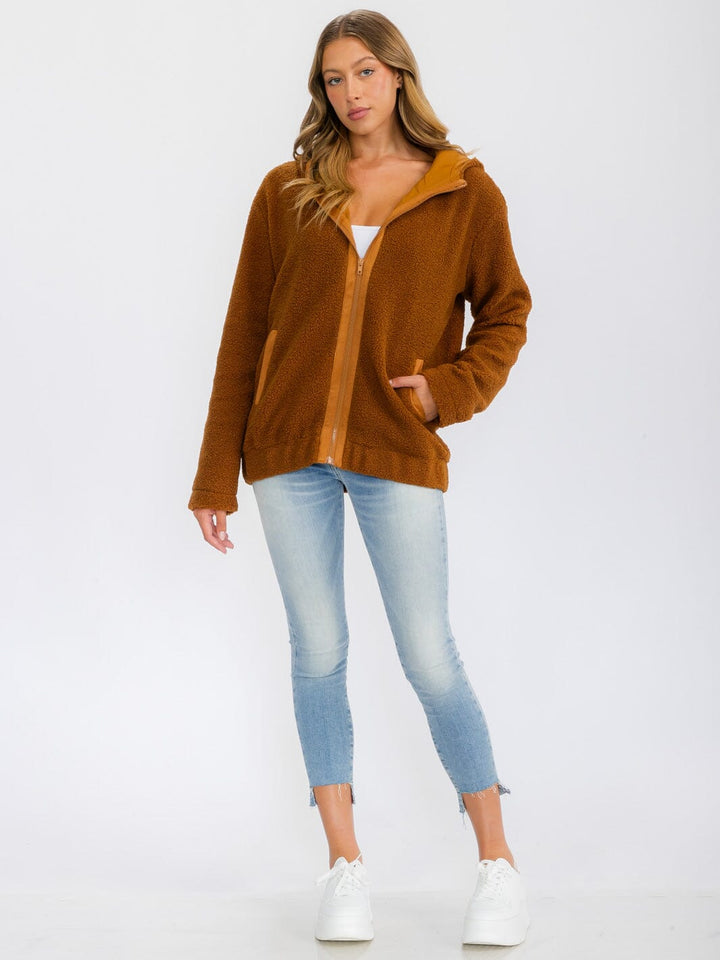 WOMEN'S LONG SLEEVE ZIP UP HOODED FRONT POCKETS JACKET