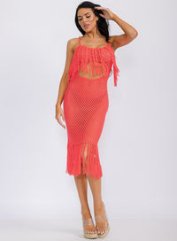 WOMEN'S SLEEVELESS CUT OUT FRINGE BODYCON KNIT MIDI DRESS