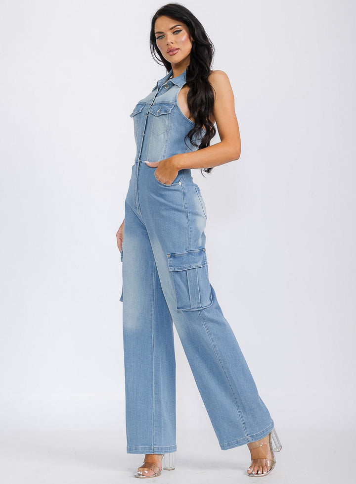 WOMEN'S SLEEVELESS HALTER NECK POCKETS DENIM WASHED WIDE LEG JUMPSUIT