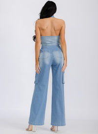 WOMEN'S SLEEVELESS HALTER NECK POCKETS DENIM WASHED WIDE LEG JUMPSUIT