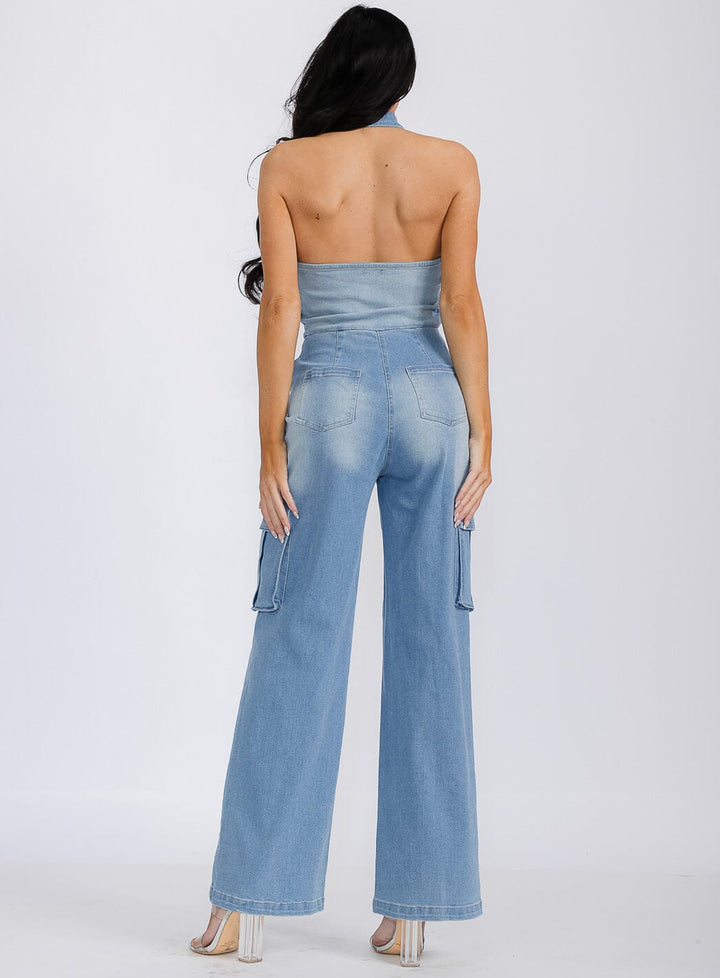WOMEN'S SLEEVELESS HALTER NECK POCKETS DENIM WASHED WIDE LEG JUMPSUIT