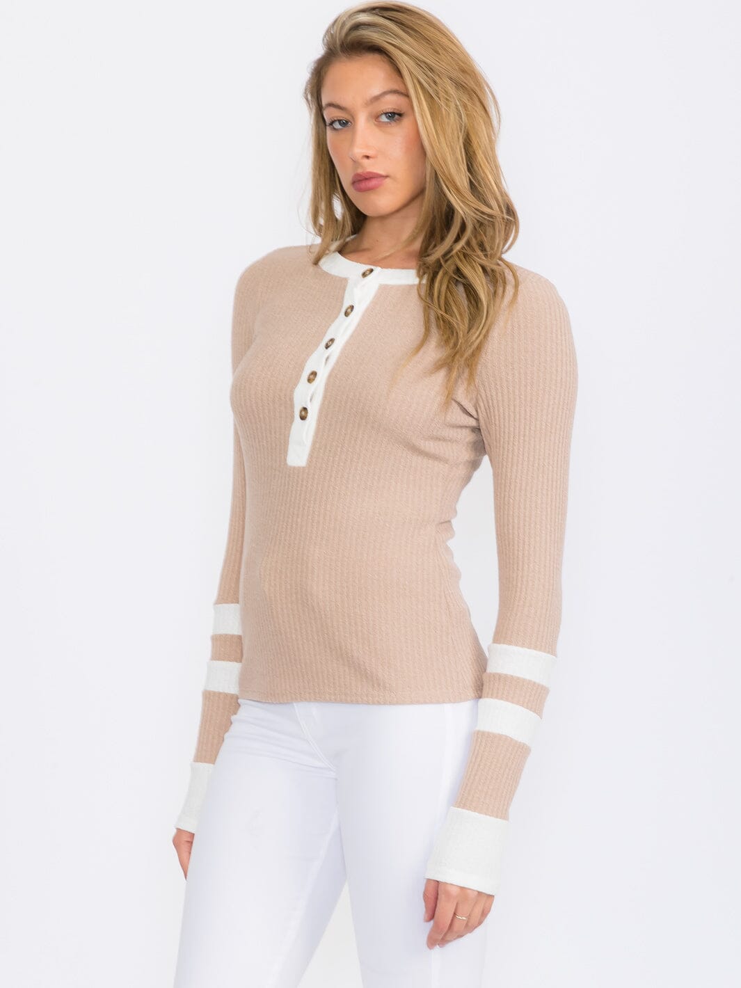 WOMEN'S LONG SLEEVE BUTTON UP COLORBLOCK RIBBED TOP