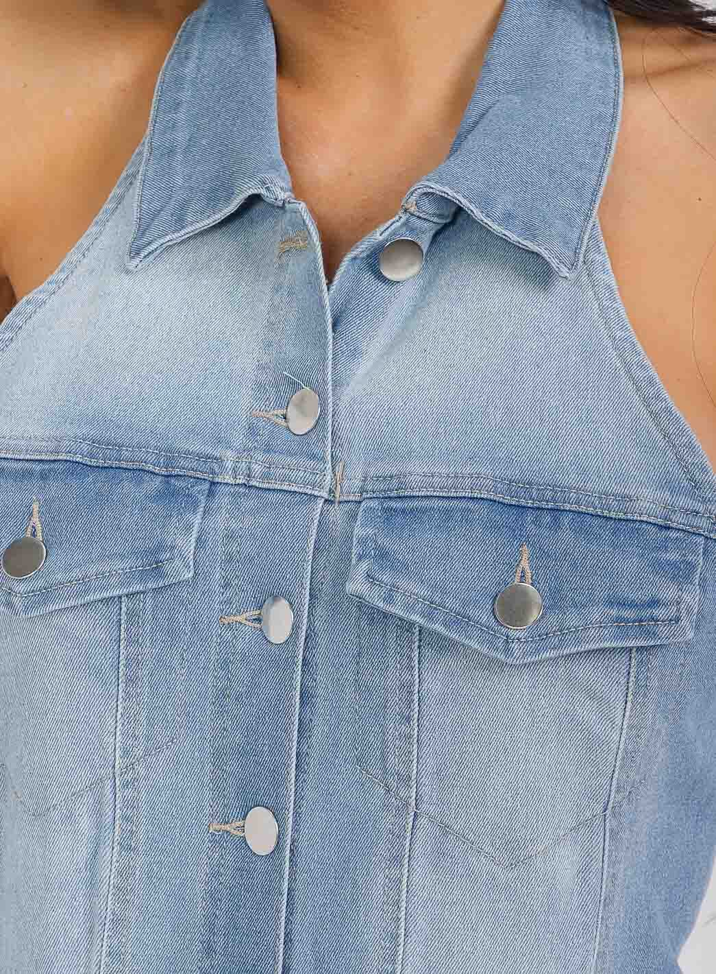 WOMEN'S SLEEVELESS HALTER NECK POCKETS DENIM WASHED WIDE LEG JUMPSUIT