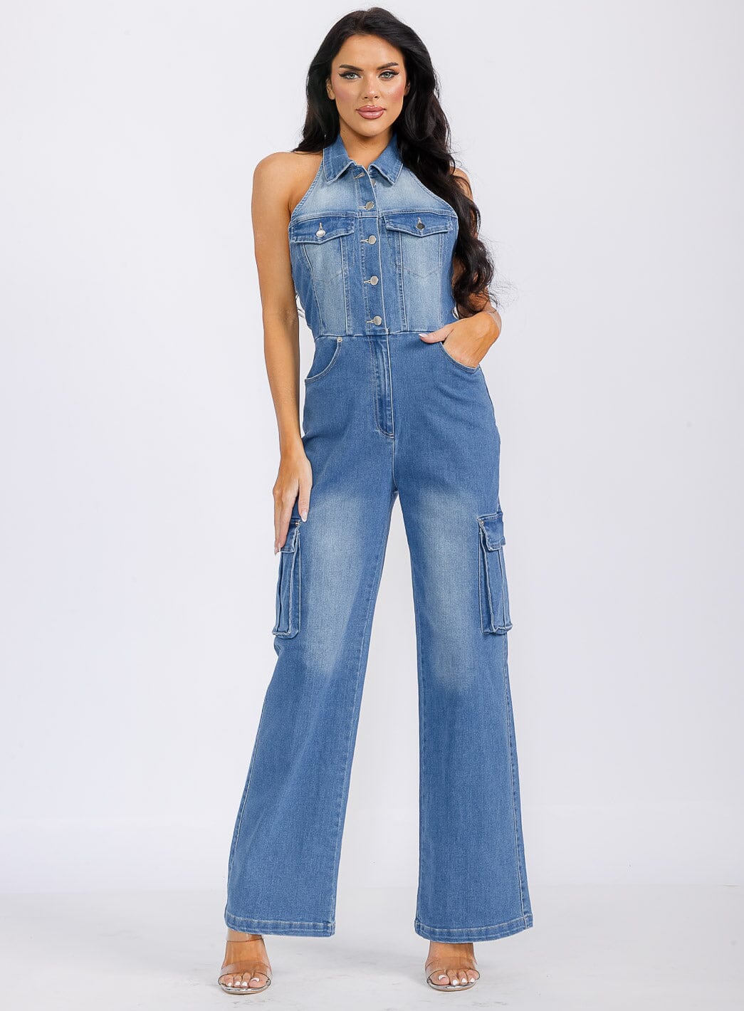 WOMEN'S SLEEVELESS HALTER NECK POCKETS DENIM WASHED WIDE LEG JUMPSUIT