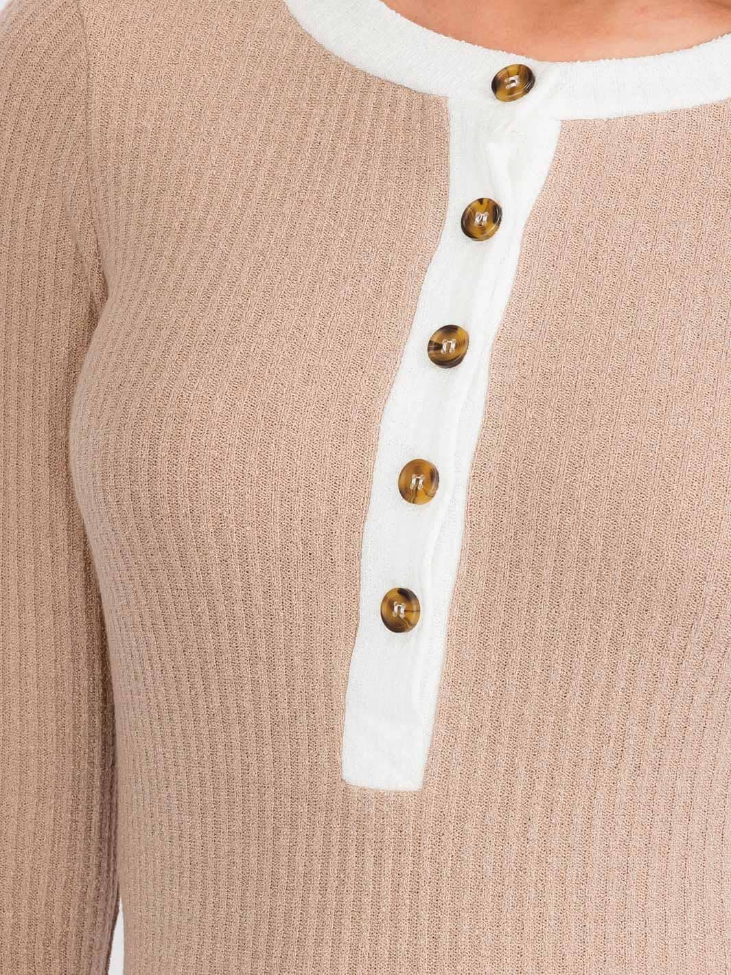 WOMEN'S LONG SLEEVE BUTTON UP COLORBLOCK RIBBED TOP