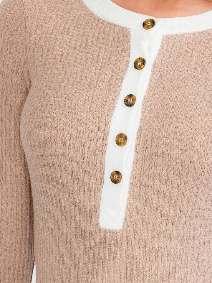 WOMEN'S LONG SLEEVE BUTTON UP COLORBLOCK RIBBED TOP