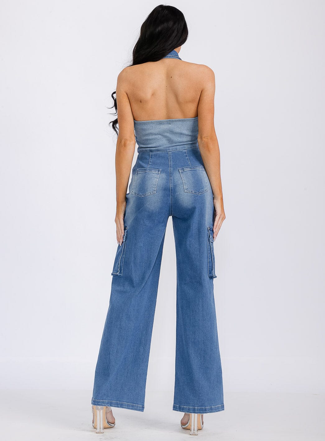 WOMEN'S SLEEVELESS HALTER NECK POCKETS DENIM WASHED WIDE LEG JUMPSUIT