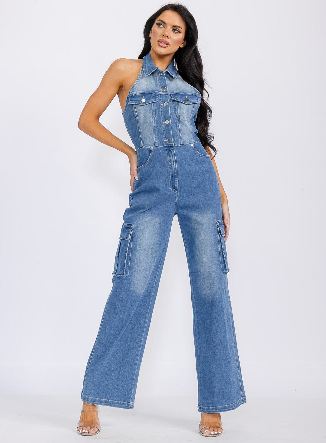 WOMEN'S SLEEVELESS HALTER NECK POCKETS DENIM WASHED WIDE LEG JUMPSUIT