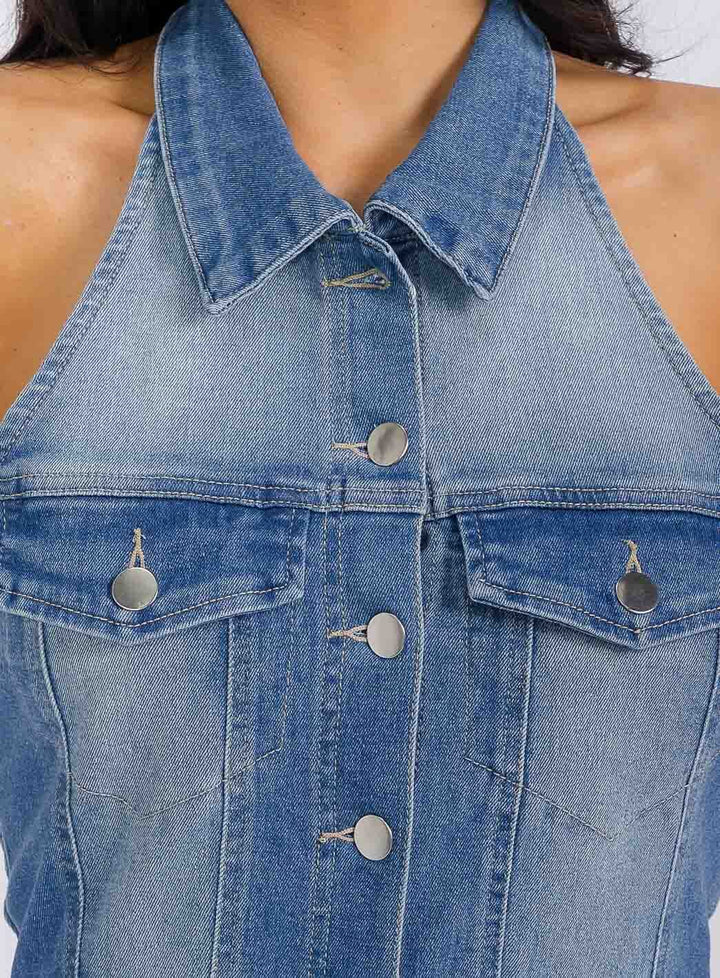 WOMEN'S SLEEVELESS HALTER NECK POCKETS DENIM WASHED WIDE LEG JUMPSUIT