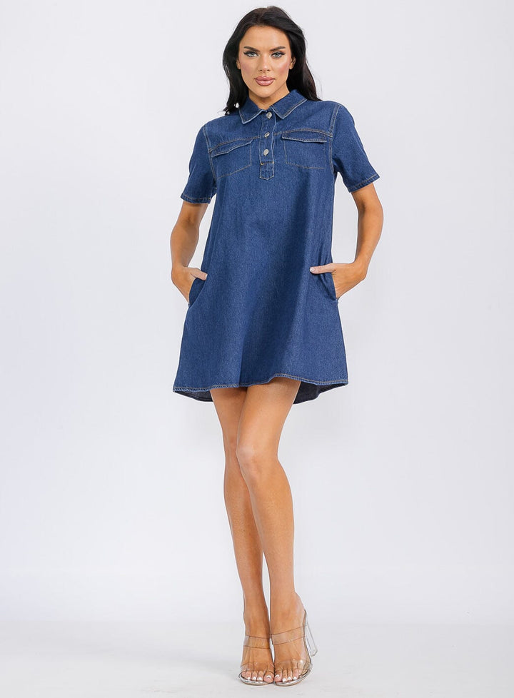 WOMEN'S SHORT SLEEVE BUTTON UP FRONT POCKETS LOOSE FIT DENIM MINI DRESS