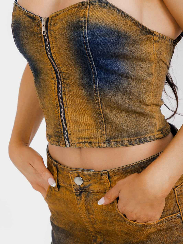 WOMEN'S SLEEVELESS TOP & BUTTON CLOSURE SKIRT WASHED DENIM 2PC. SET