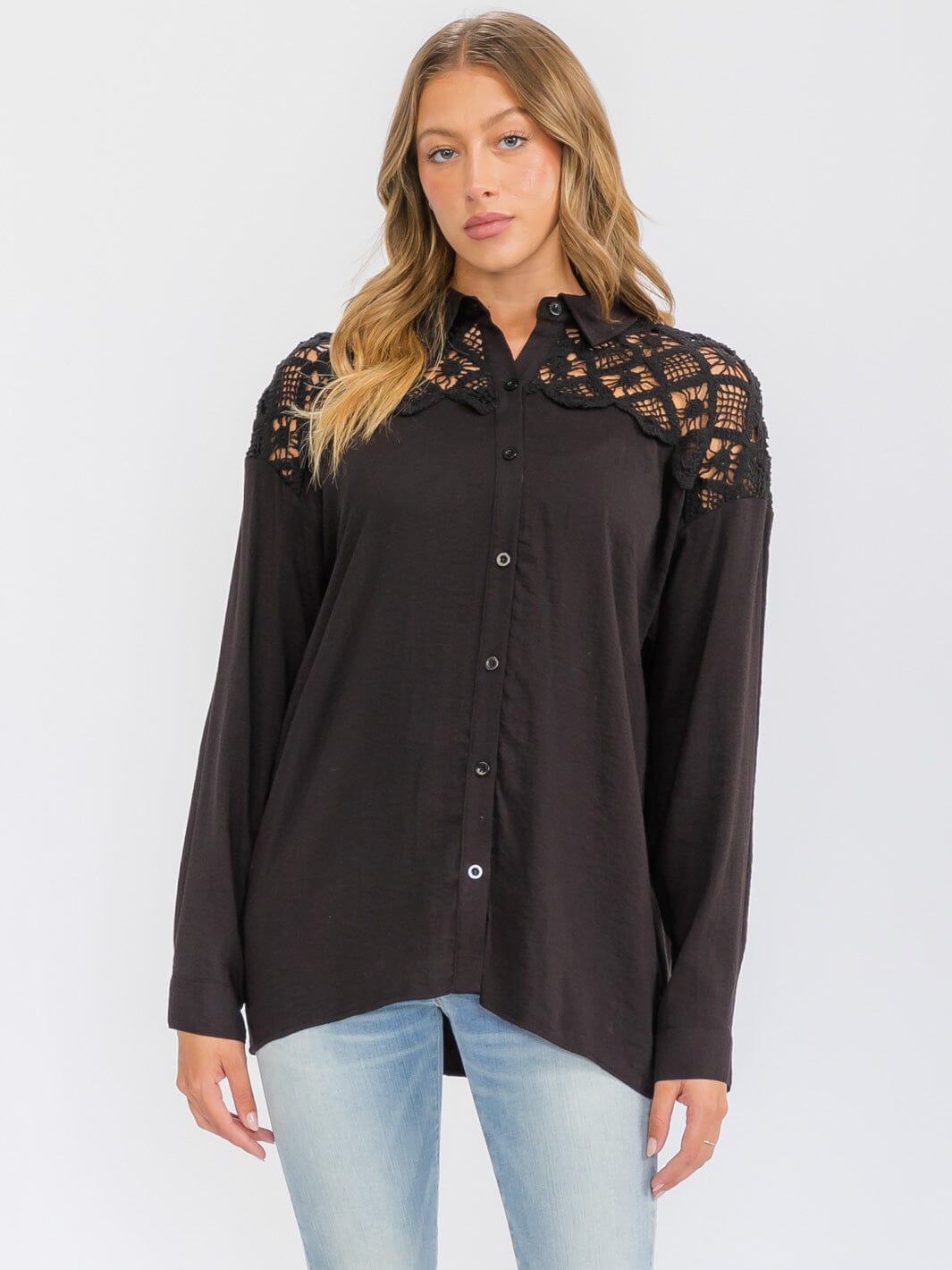 WOMEN'S LONG SLEEVE BUTTON UP LACE CROCHET DETAILED TOP