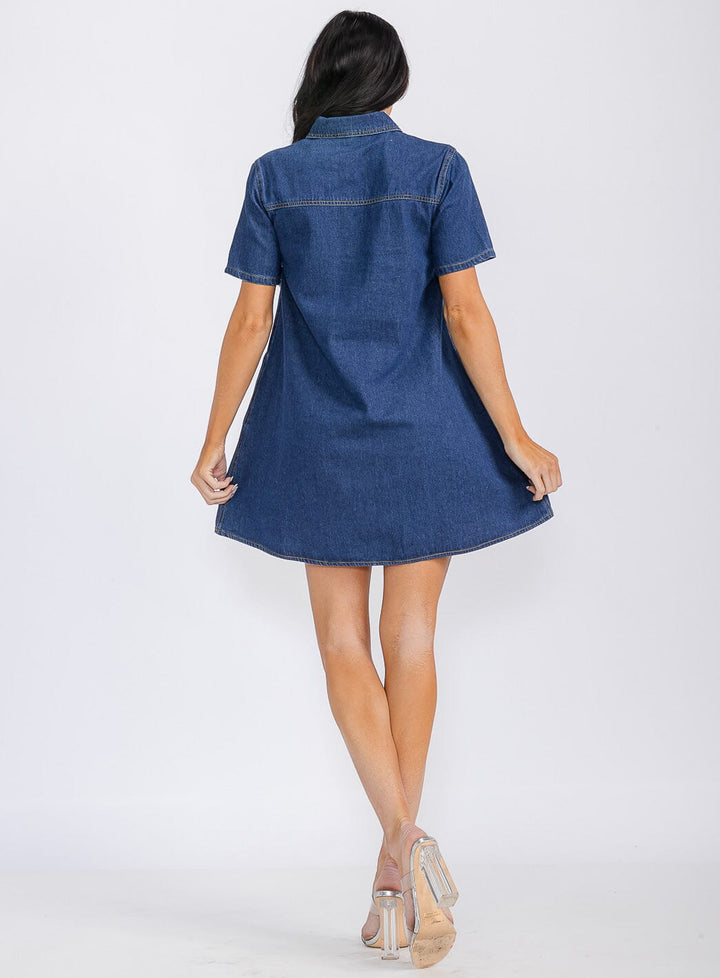 WOMEN'S SHORT SLEEVE BUTTON UP FRONT POCKETS LOOSE FIT DENIM MINI DRESS