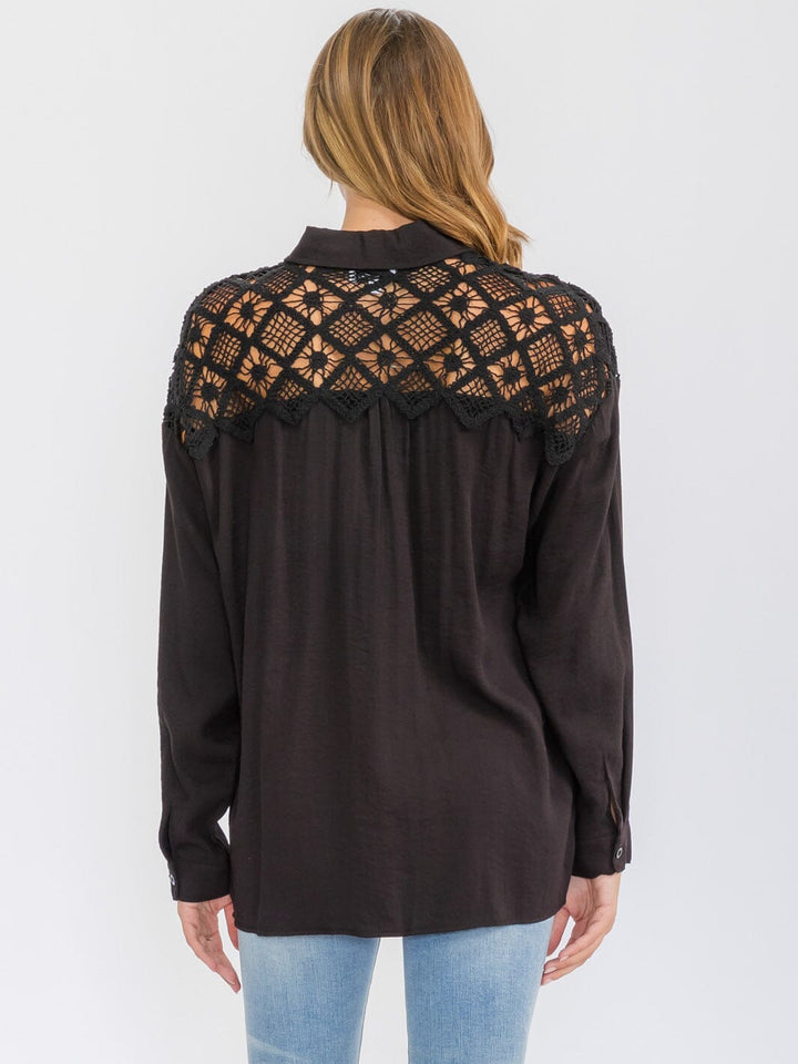 WOMEN'S LONG SLEEVE BUTTON UP LACE CROCHET DETAILED TOP