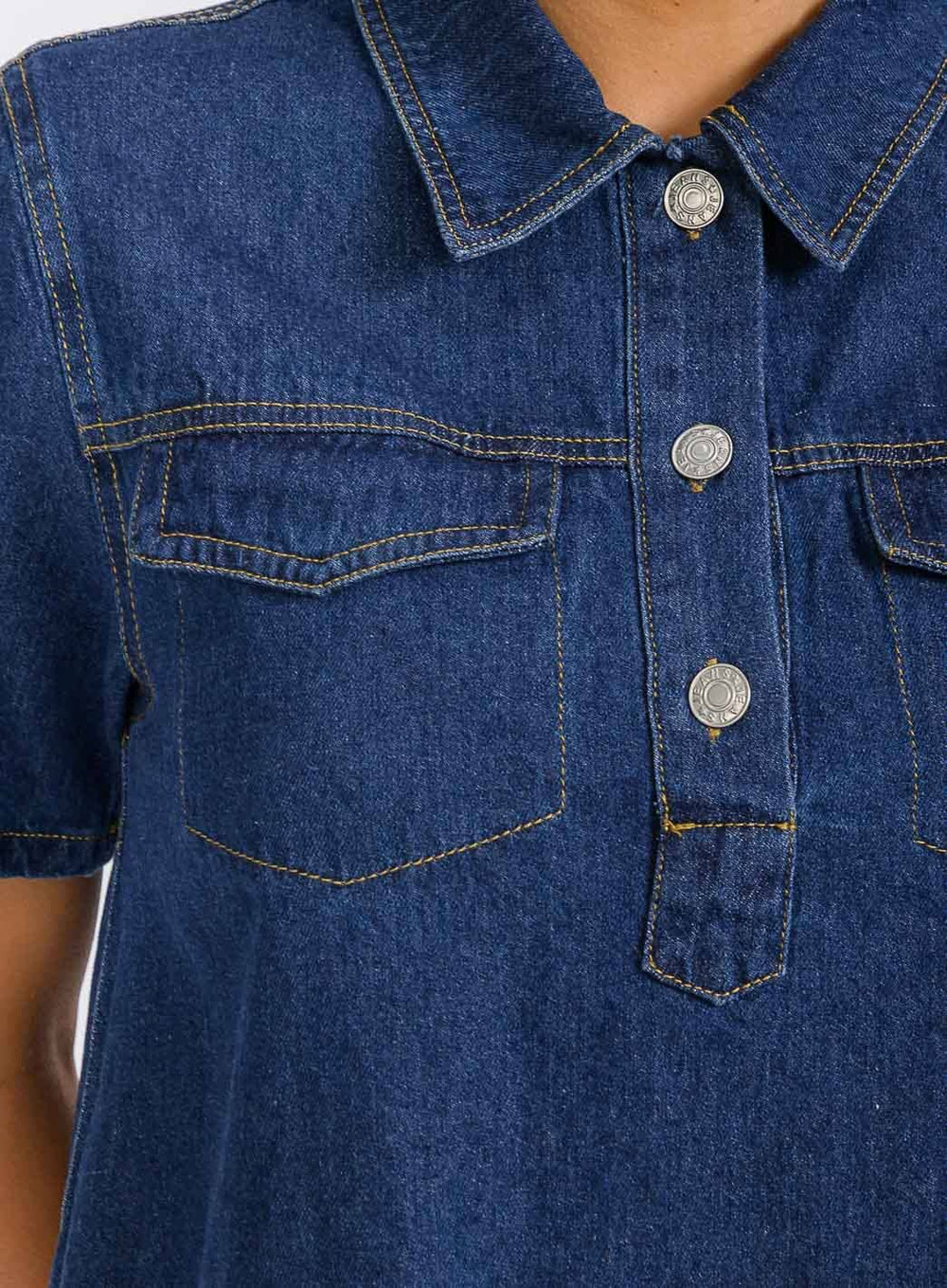 WOMEN'S SHORT SLEEVE BUTTON UP FRONT POCKETS LOOSE FIT DENIM MINI DRESS