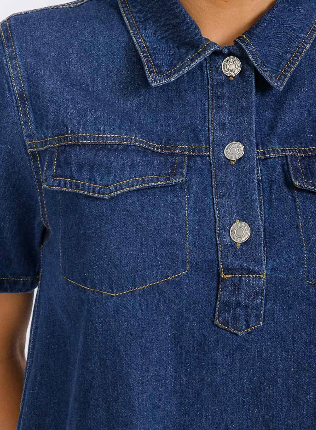 WOMEN'S SHORT SLEEVE BUTTON UP FRONT POCKETS LOOSE FIT DENIM MINI DRESS