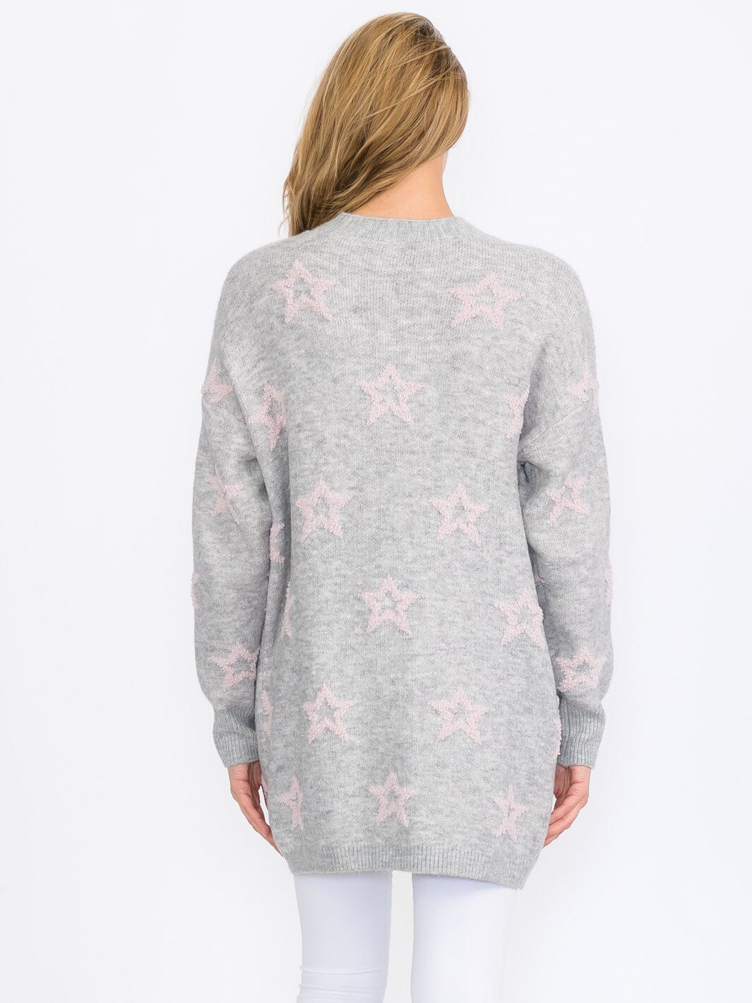 WOMEN'S LONG SLEEVE OPEN FRONT POCKETS STARS PRINT CARDIGAN