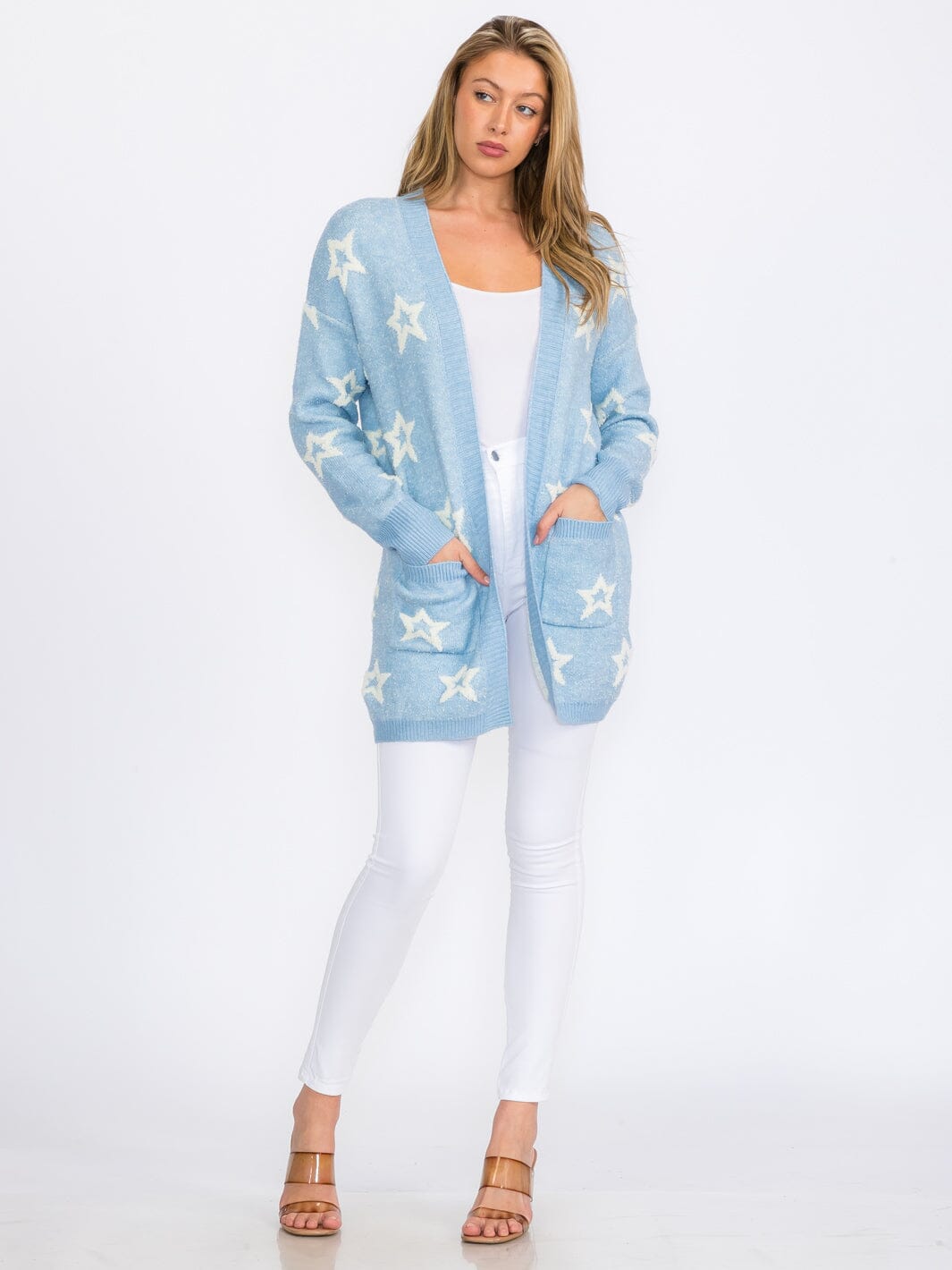 WOMEN'S LONG SLEEVE OPEN FRONT POCKETS STARS PRINT CARDIGAN