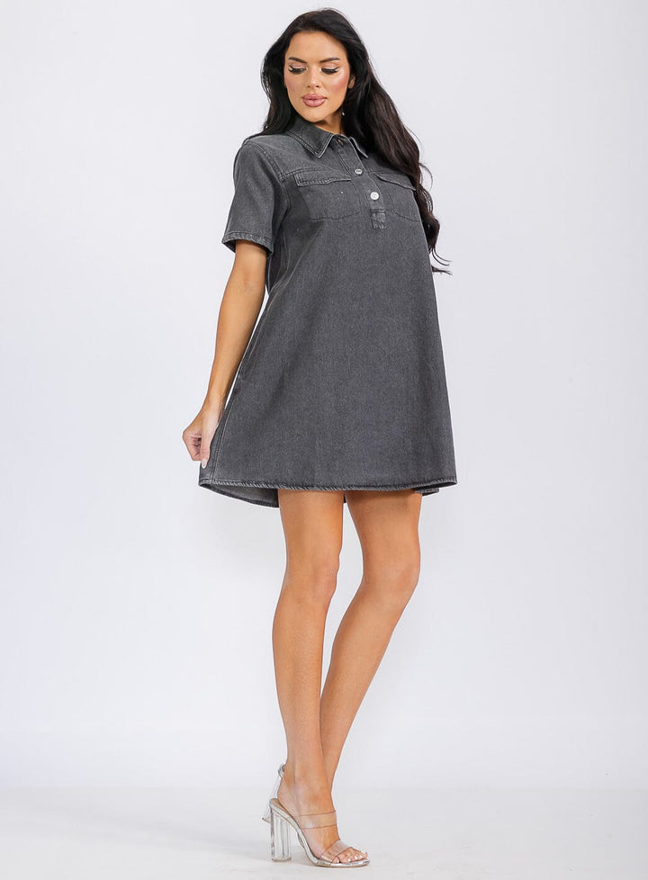 WOMEN'S SHORT SLEEVE BUTTON UP FRONT POCKETS LOOSE FIT DENIM MINI DRESS