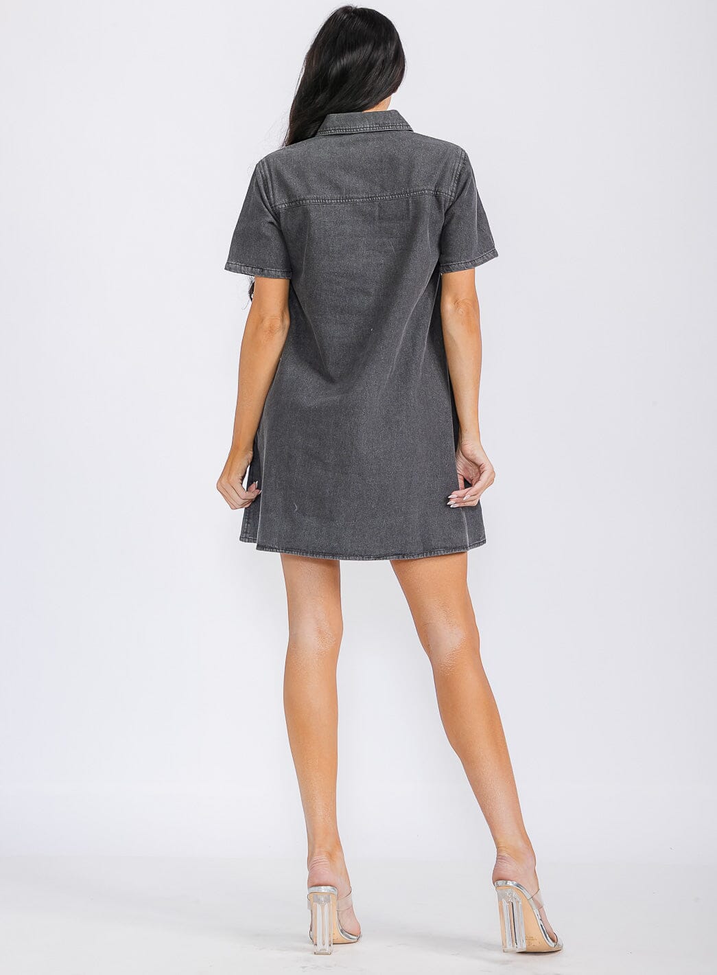WOMEN'S SHORT SLEEVE BUTTON UP FRONT POCKETS LOOSE FIT DENIM MINI DRESS