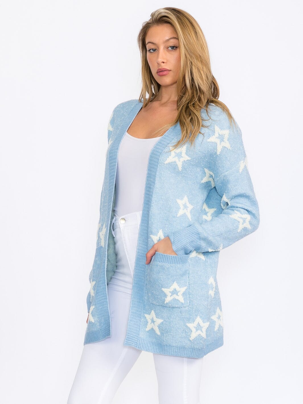 WOMEN'S LONG SLEEVE OPEN FRONT POCKETS STARS PRINT CARDIGAN