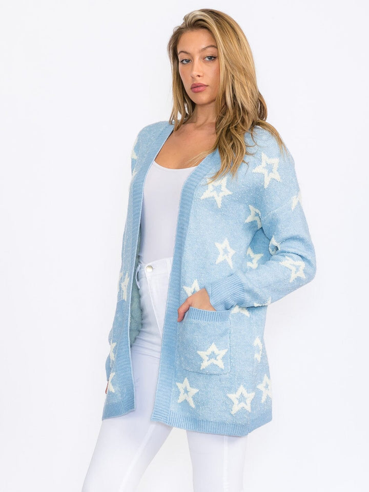 WOMEN'S LONG SLEEVE OPEN FRONT POCKETS STARS PRINT CARDIGAN