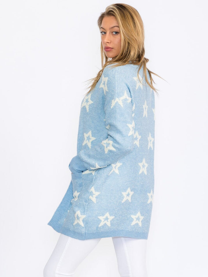 WOMEN'S LONG SLEEVE OPEN FRONT POCKETS STARS PRINT CARDIGAN