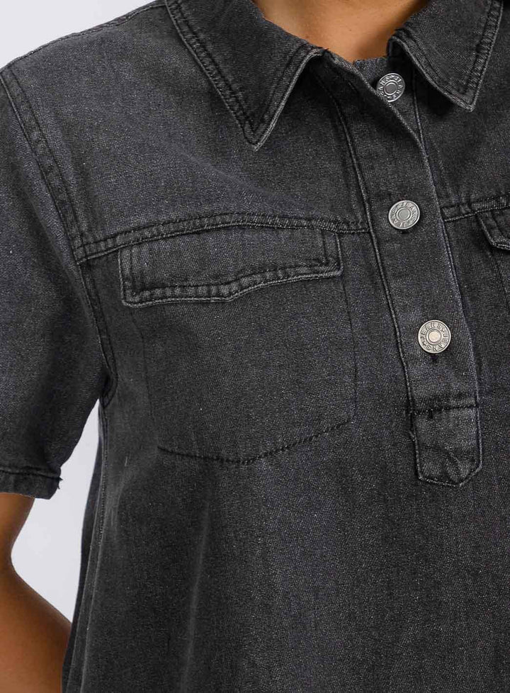 WOMEN'S SHORT SLEEVE BUTTON UP FRONT POCKETS LOOSE FIT DENIM MINI DRESS