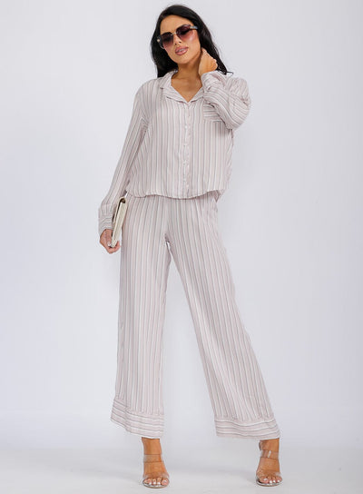 WOMEN'S LONG SLEEVE FRONT POCKET BUTTON UP STRIPES TOP