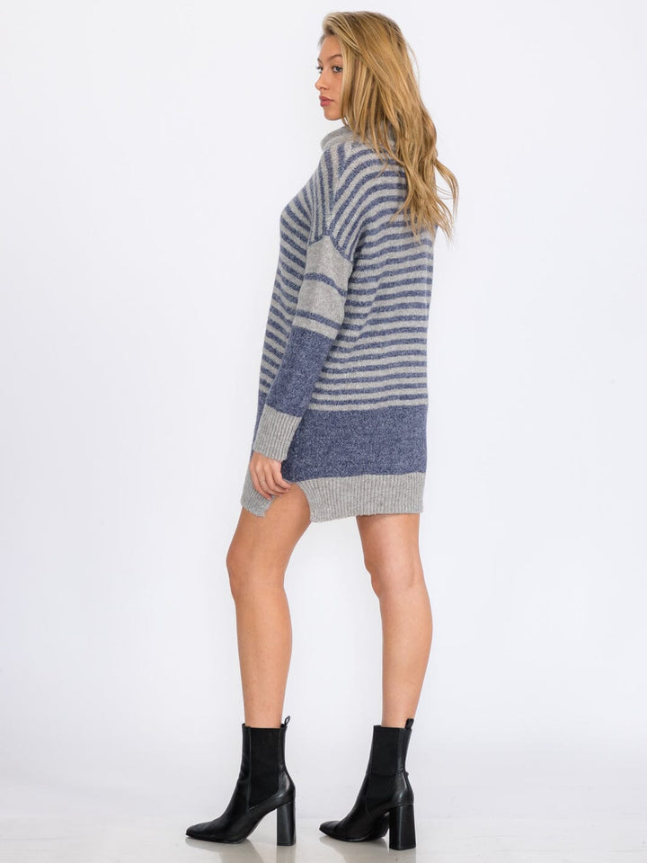 WOMEN'S LONG SLEEVE TURTLE NECK STRIPES COLORBLOCK SWEATER MINI DRESS