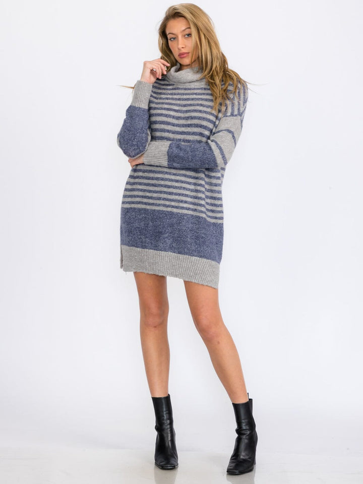 WOMEN'S LONG SLEEVE TURTLE NECK STRIPES COLORBLOCK SWEATER MINI DRESS