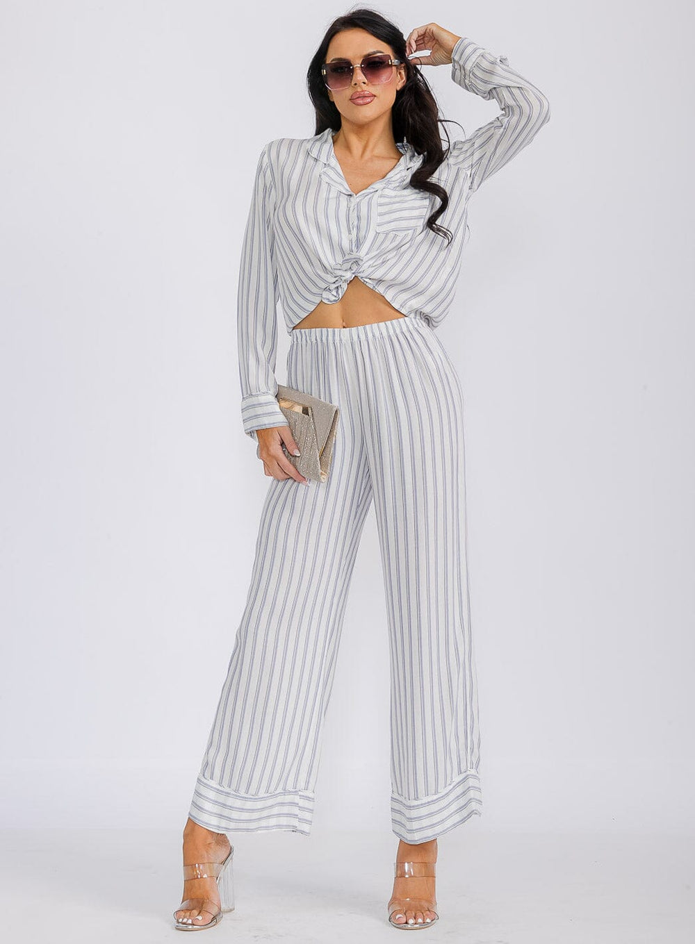 WOMEN'S ELASTIC WAIST STRIPES WIDE LEG PANTS