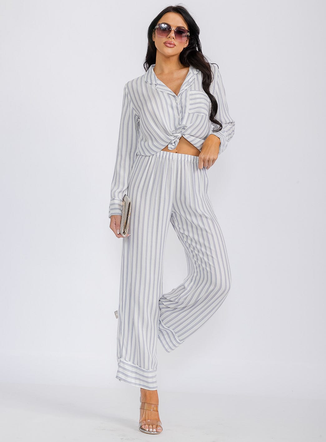 WOMEN'S ELASTIC WAIST STRIPES WIDE LEG PANTS